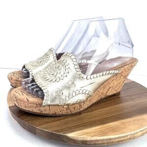 Jack Rogers Leather Gold Slip on Whipstitch Mid Stacked Cork Wedge Sandals 8